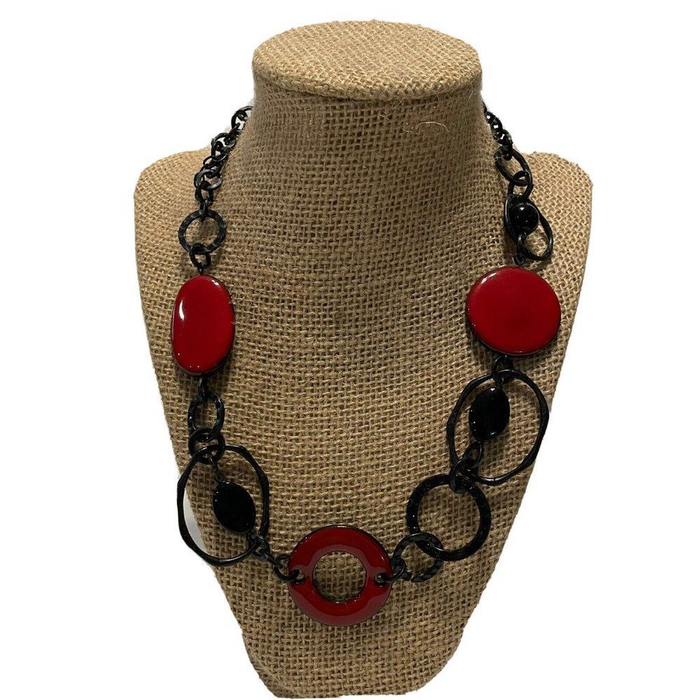 Black Red Open Oval Round Circle Chainlink Statement Necklace 20-23”